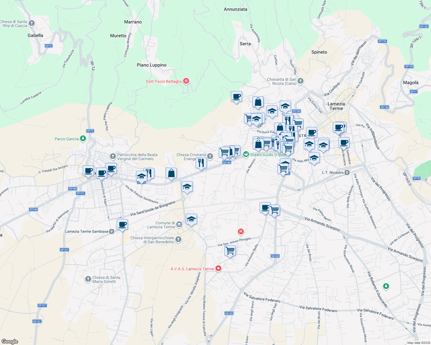 map of restaurants, bars, coffee shops, grocery stores, and more near 8 Via Giò Bernardino Vescio in Lamezia Terme