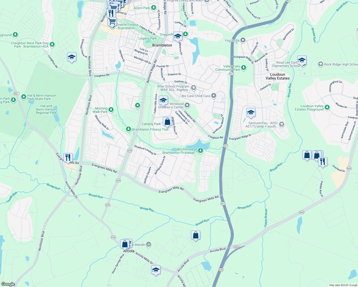 map of restaurants, bars, coffee shops, grocery stores, and more near 23455 Virginia Rose Place in Ashburn