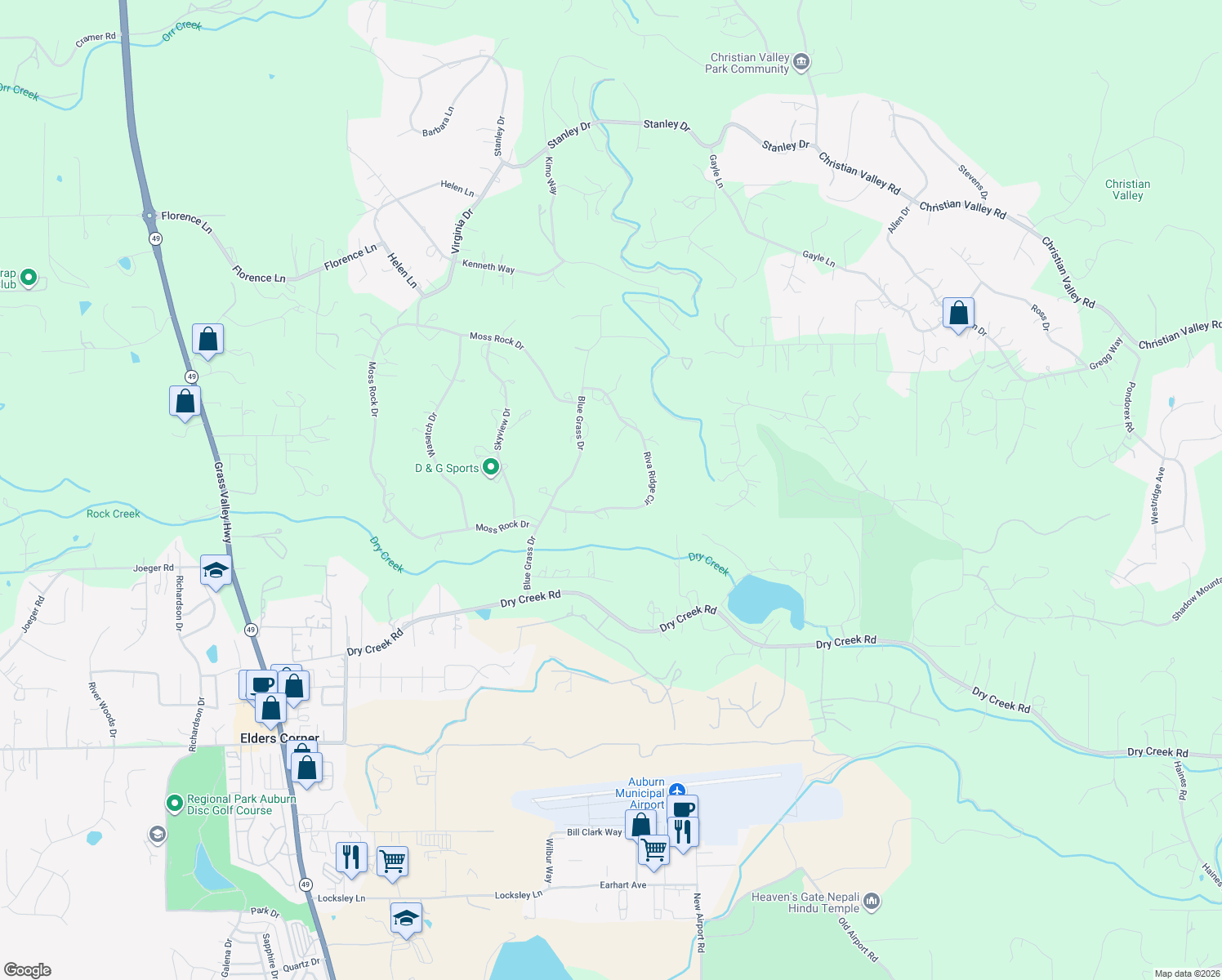 map of restaurants, bars, coffee shops, grocery stores, and more near 14470 Riva Ridge Circle in Auburn