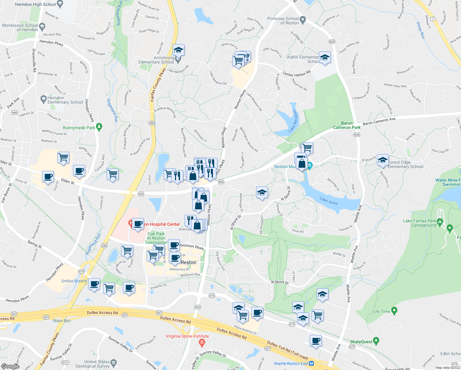 map of restaurants, bars, coffee shops, grocery stores, and more near 11668 Mediterranean Court in Reston