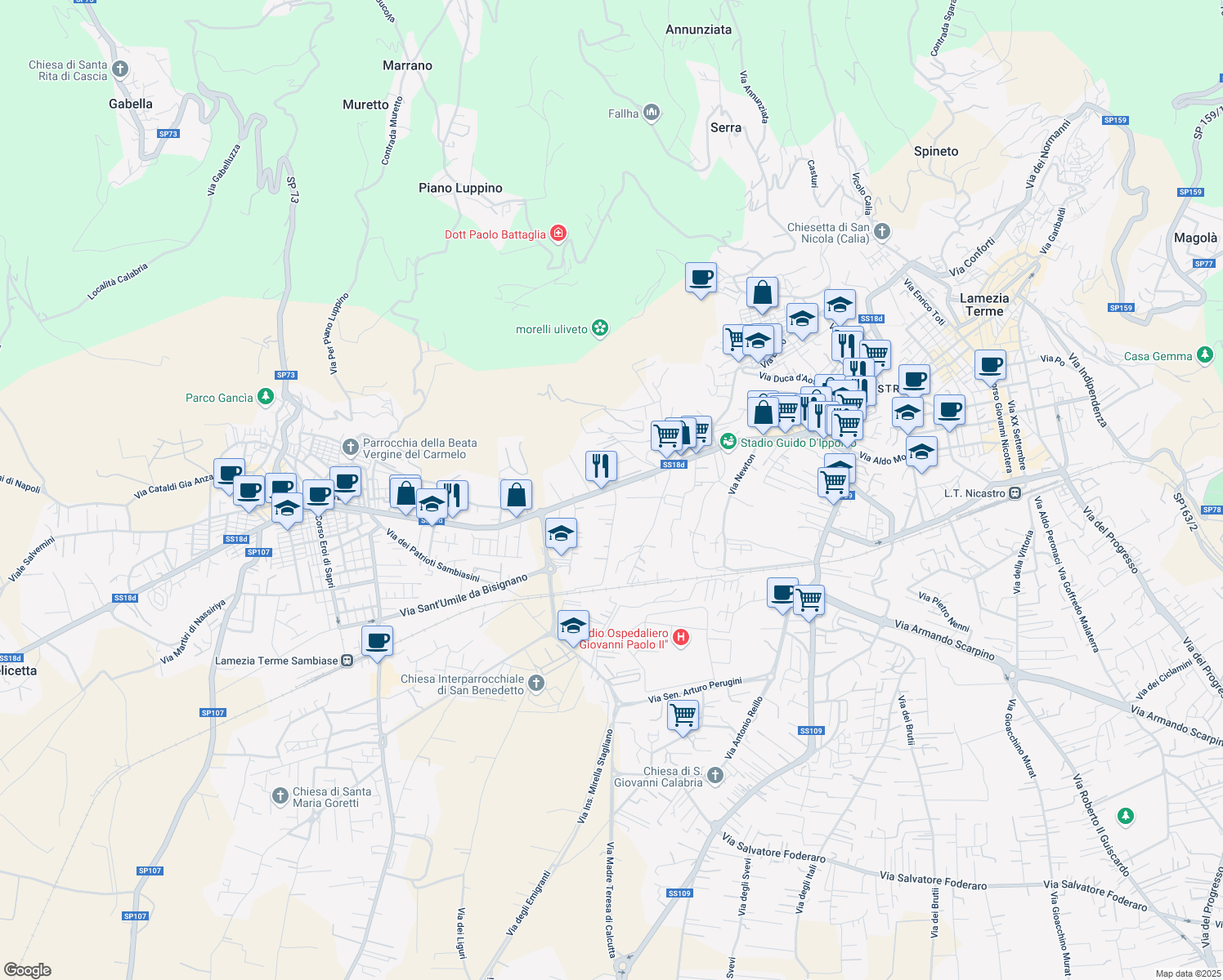 map of restaurants, bars, coffee shops, grocery stores, and more near 255/B Via Guglielmo Marconi in Lamezia Terme