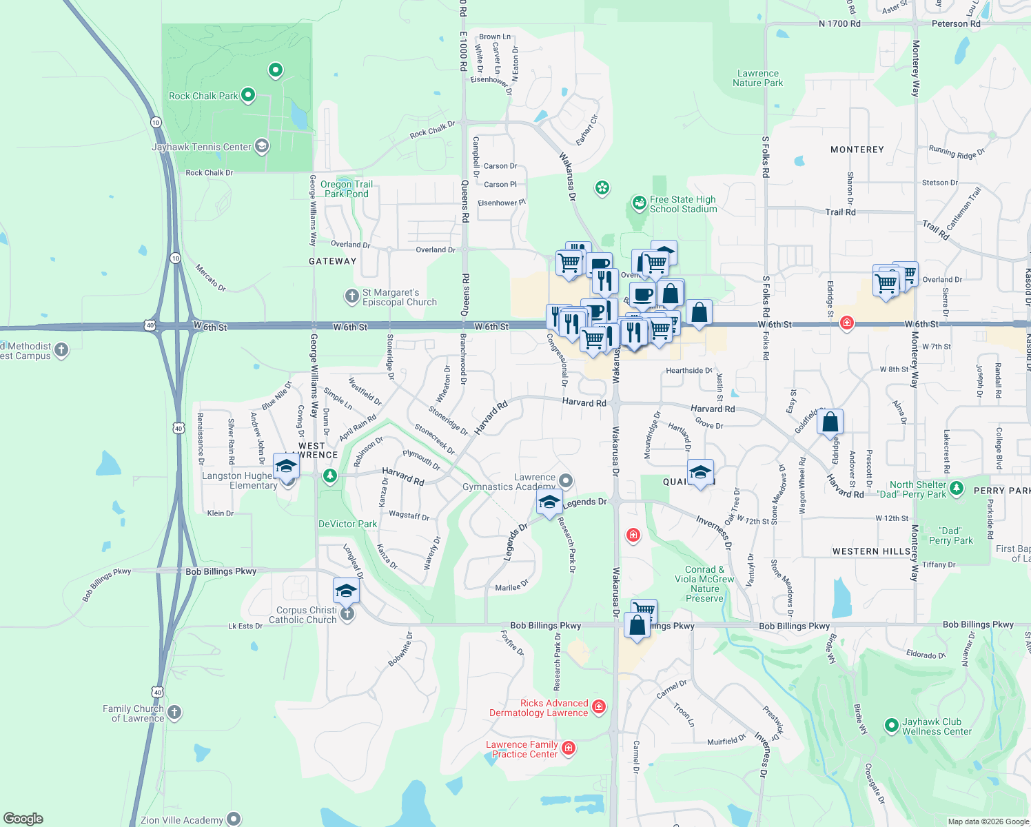 map of restaurants, bars, coffee shops, grocery stores, and more near 1009 Summerfield Way in Lawrence
