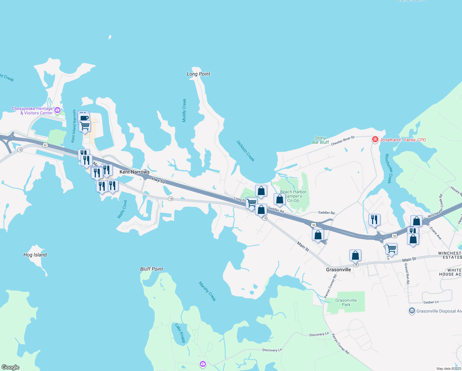 map of restaurants, bars, coffee shops, grocery stores, and more near 310 Long Point Road in Grasonville