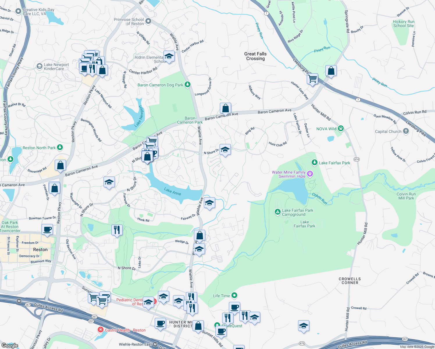 map of restaurants, bars, coffee shops, grocery stores, and more near 1494 Roundleaf Ct in Reston
