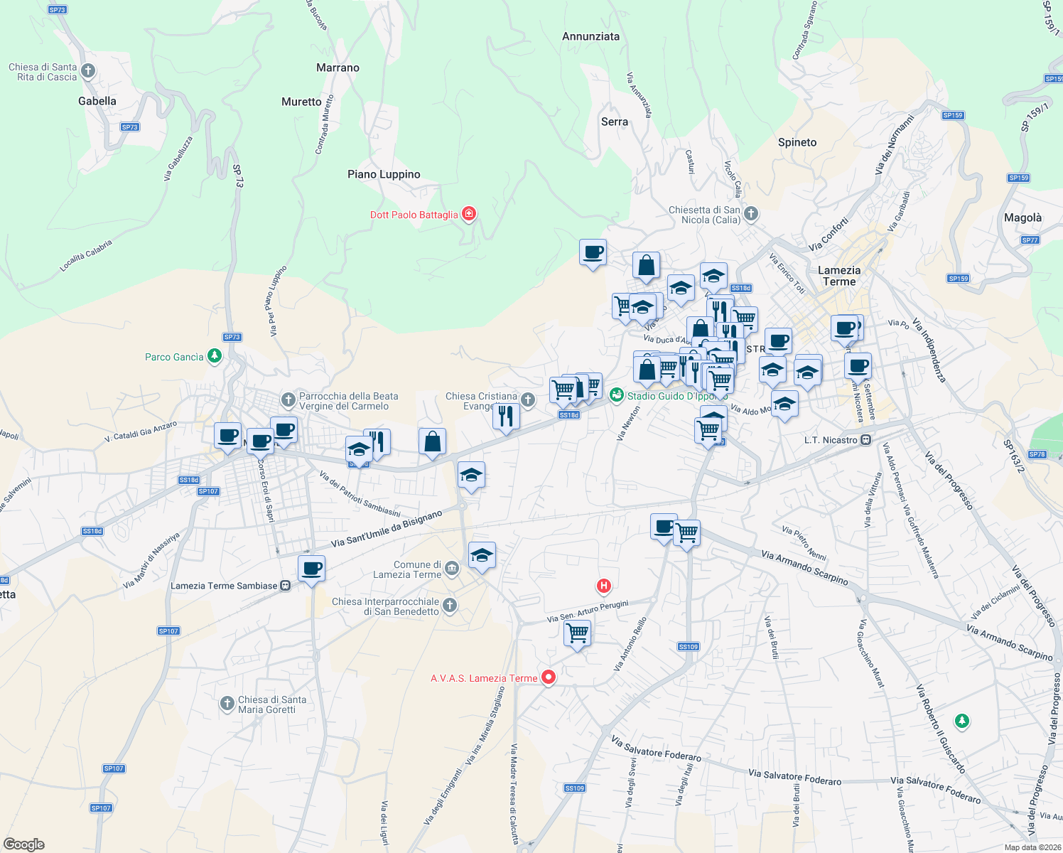 map of restaurants, bars, coffee shops, grocery stores, and more near 8 Via Giò Bernardino Vescio in Lamezia Terme