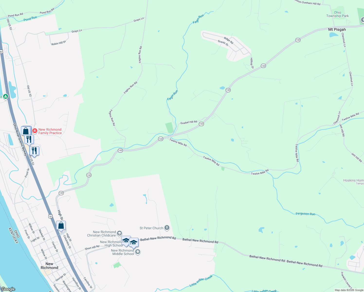 map of restaurants, bars, coffee shops, grocery stores, and more near 1185 12 Mile Road in New Richmond