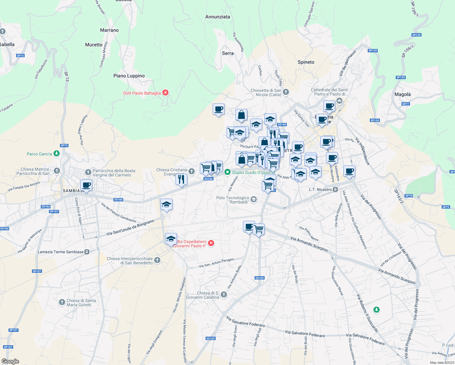 map of restaurants, bars, coffee shops, grocery stores, and more near 22 Via Piro in Lamezia Terme