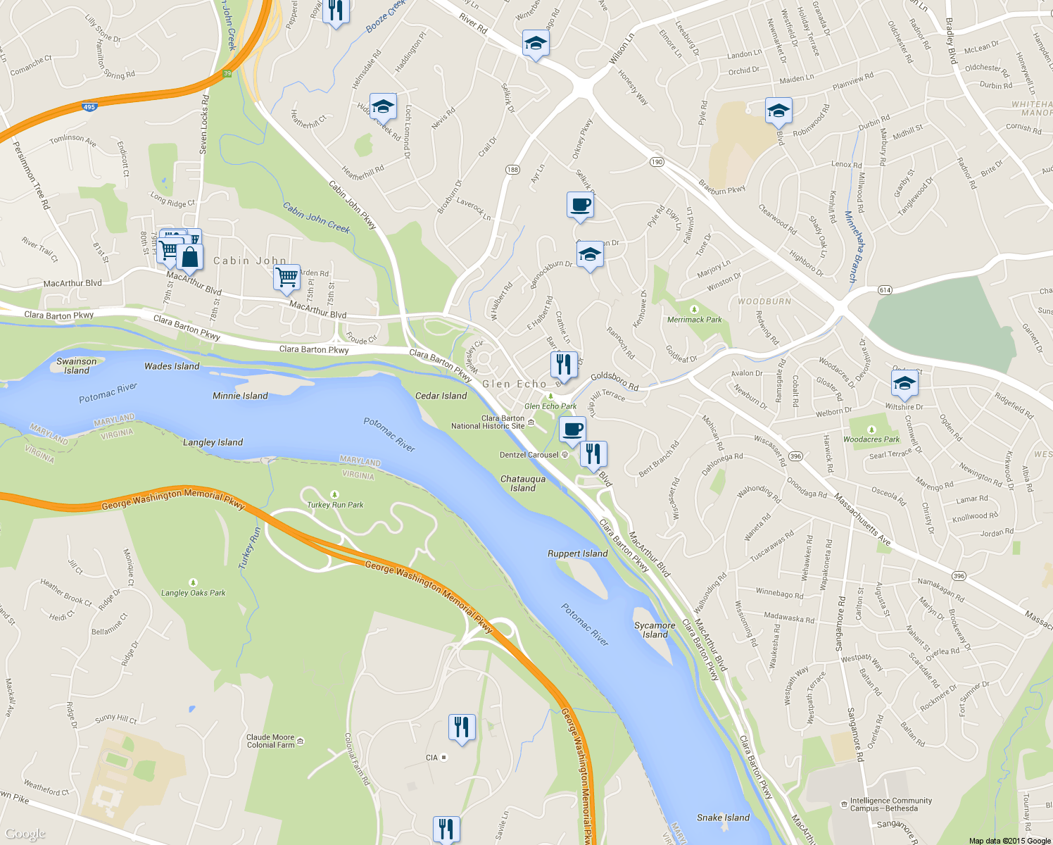 map of restaurants, bars, coffee shops, grocery stores, and more near 5801 Oxford Road in Glen Echo