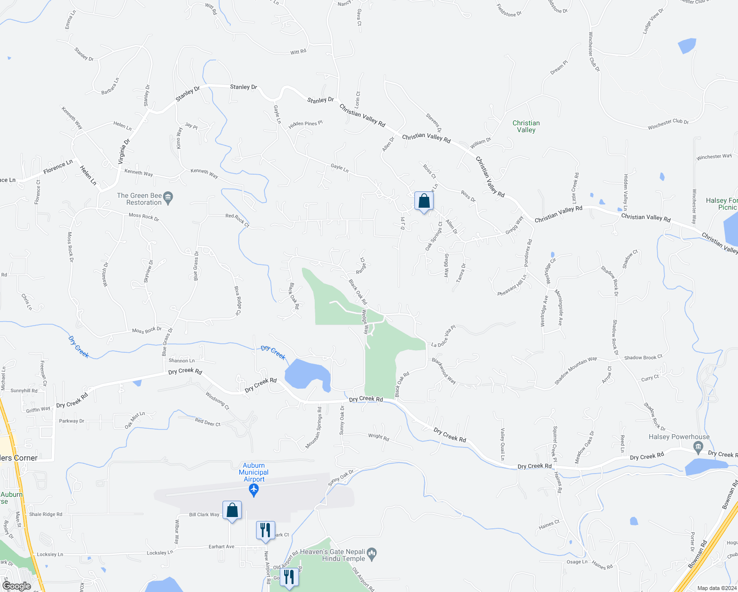 map of restaurants, bars, coffee shops, grocery stores, and more near 2458 Black Oak Road in Auburn