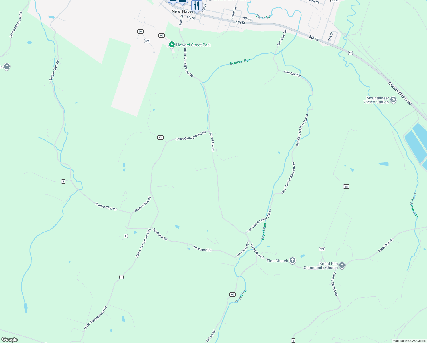 map of restaurants, bars, coffee shops, grocery stores, and more near 5873-6027 Broad Run Road in Letart