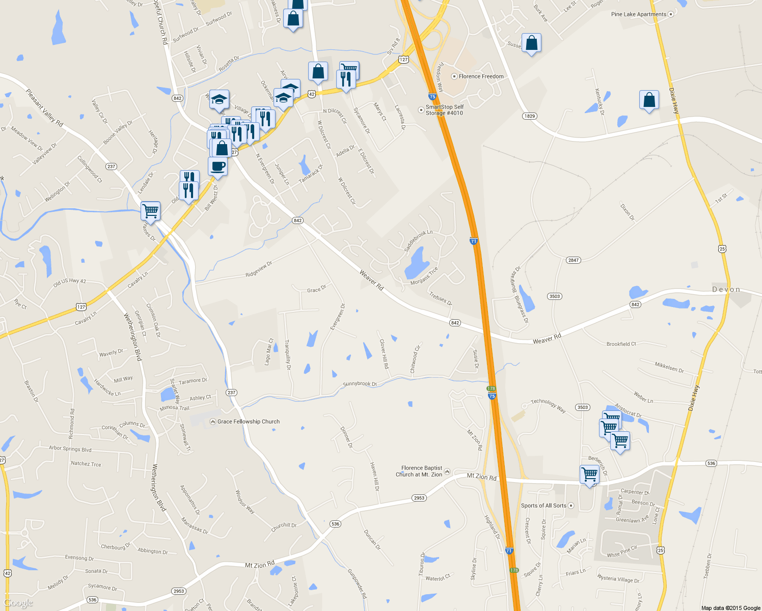 map of restaurants, bars, coffee shops, grocery stores, and more near 903 Weaver Road in Florence