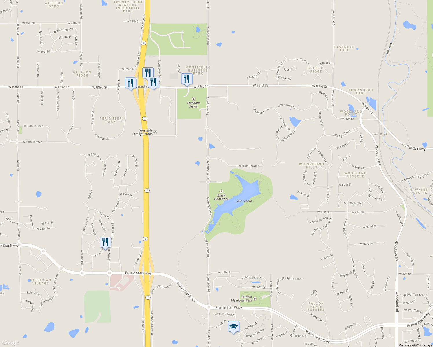 map of restaurants, bars, coffee shops, grocery stores, and more near 8855 Monticello Road in Lenexa