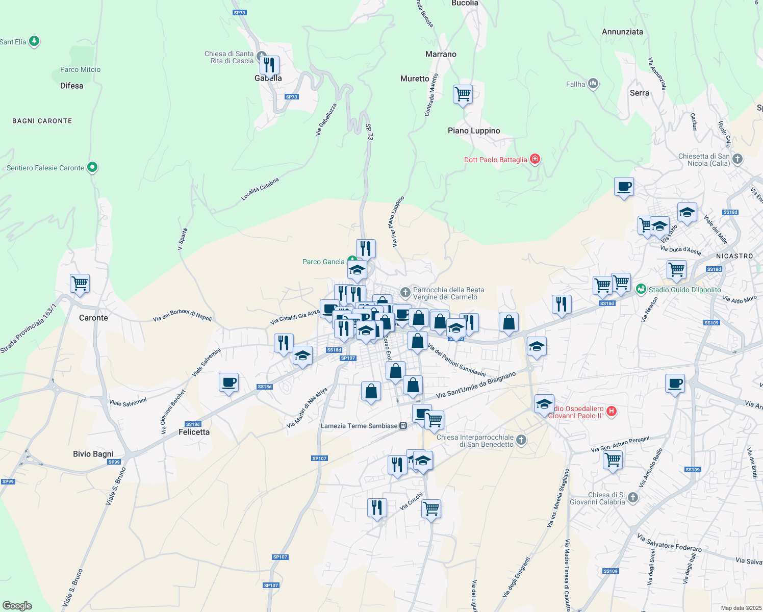 map of restaurants, bars, coffee shops, grocery stores, and more near Via Galliano in Lamezia Terme
