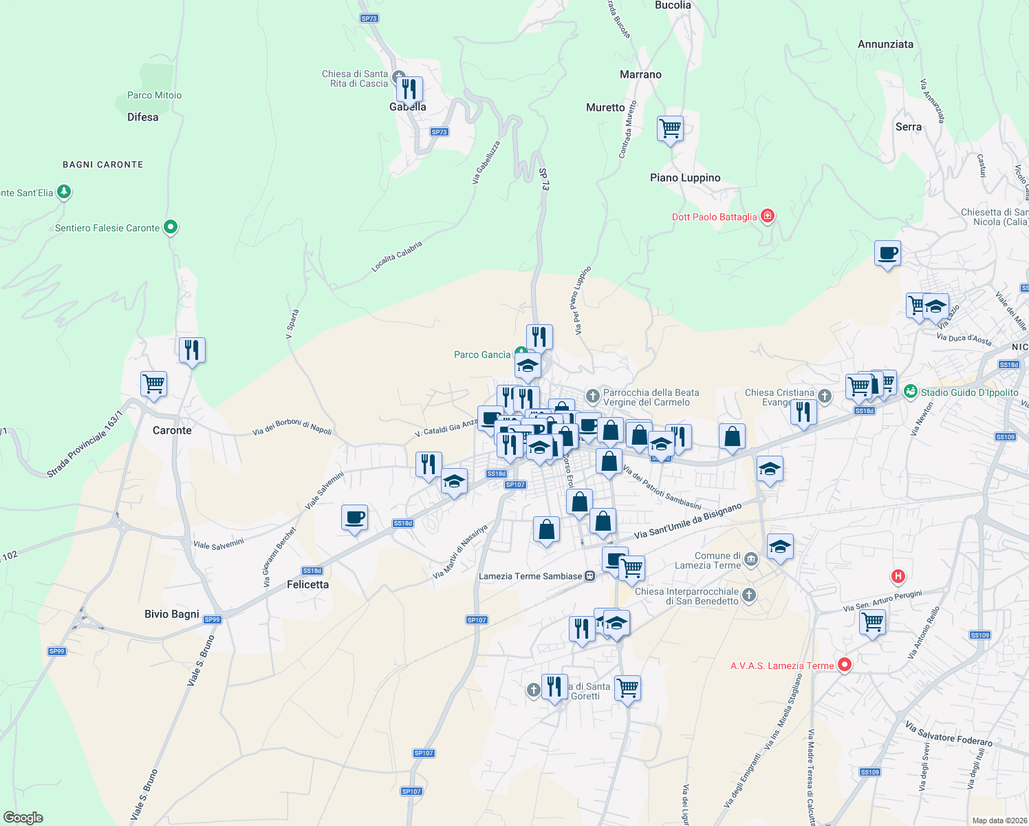 map of restaurants, bars, coffee shops, grocery stores, and more near 11 Corso Vittorio Emanuele in Lamezia Terme