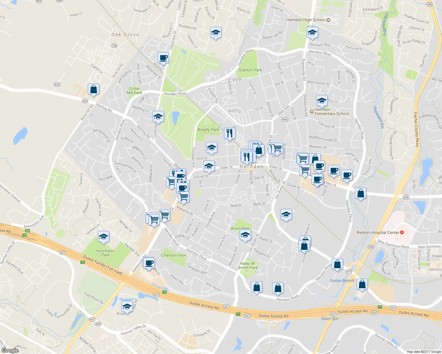 map of restaurants, bars, coffee shops, grocery stores, and more near 102 Lillian Chase Lane in Herndon