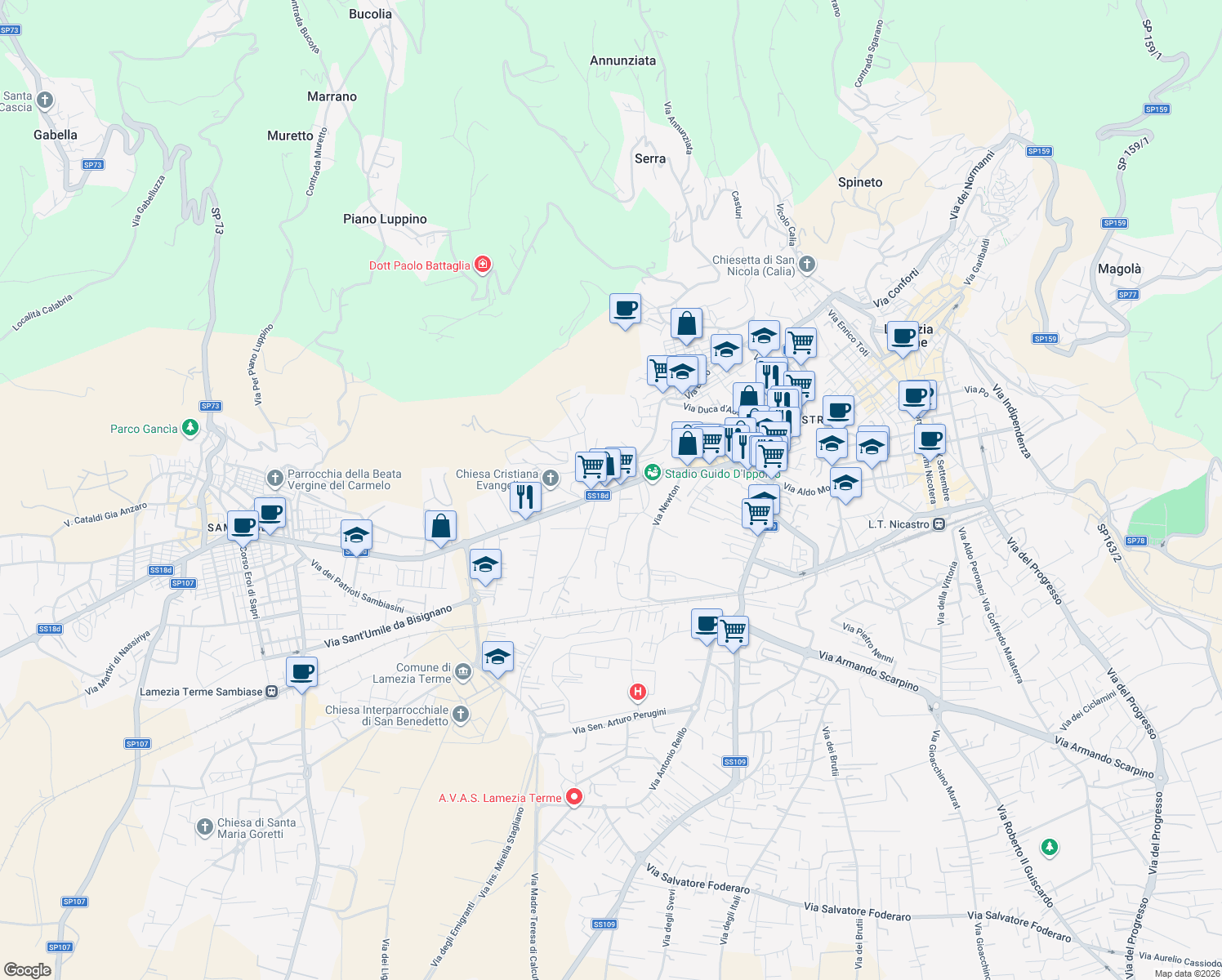 map of restaurants, bars, coffee shops, grocery stores, and more near 90 Via Guglielmo Marconi in Lamezia Terme