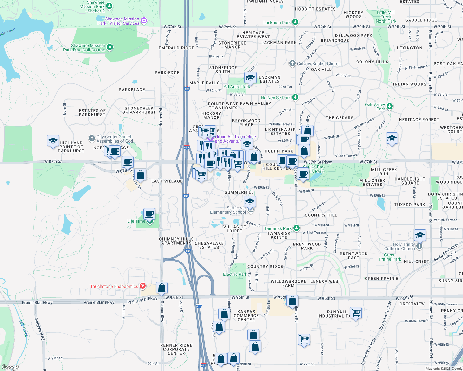 map of restaurants, bars, coffee shops, grocery stores, and more near 8812 Lakeview Avenue in Lenexa