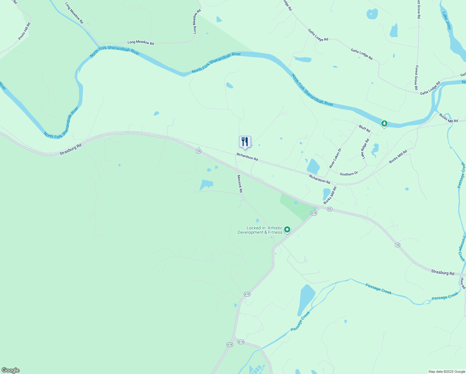 map of restaurants, bars, coffee shops, grocery stores, and more near 555 Messick Road in Strasburg