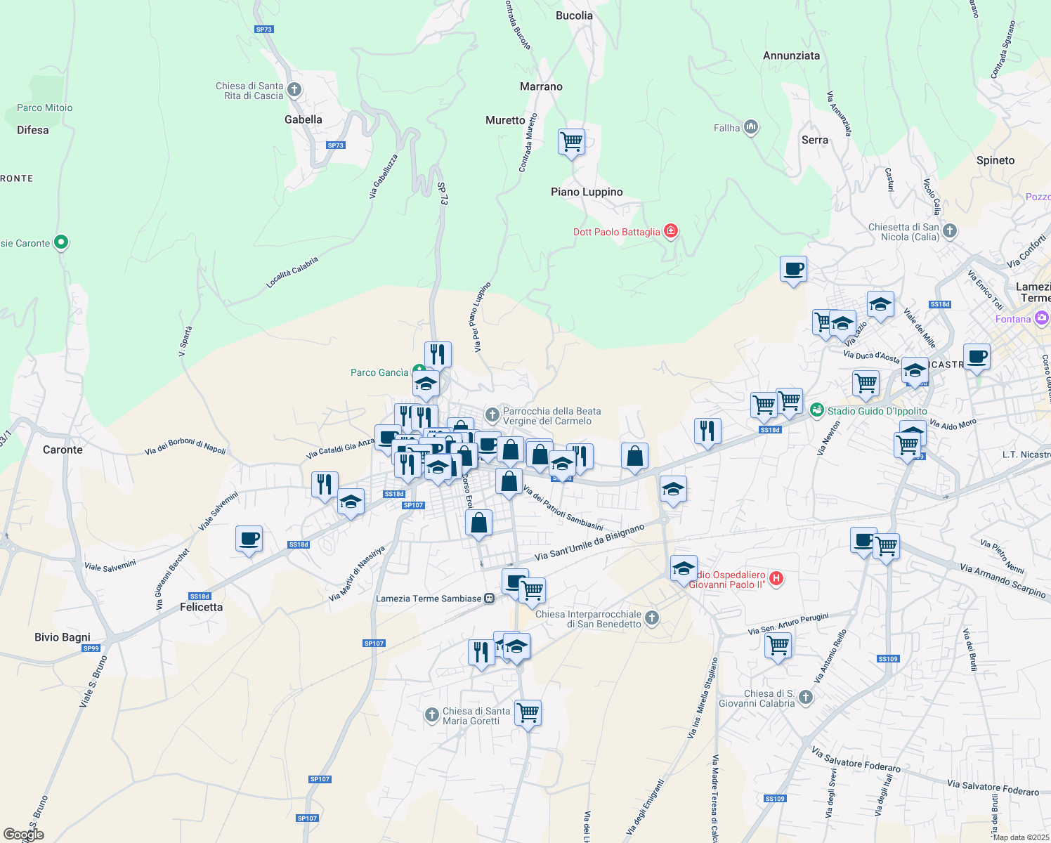 map of restaurants, bars, coffee shops, grocery stores, and more near 73bis Via Generale La Marmora in Lamezia Terme