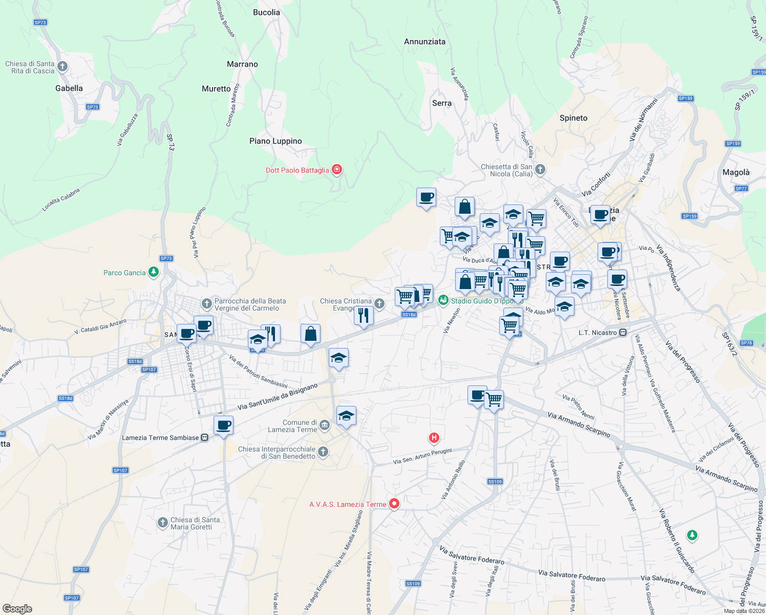 map of restaurants, bars, coffee shops, grocery stores, and more near 28 Contrada Canneto Cola in Lamezia Terme