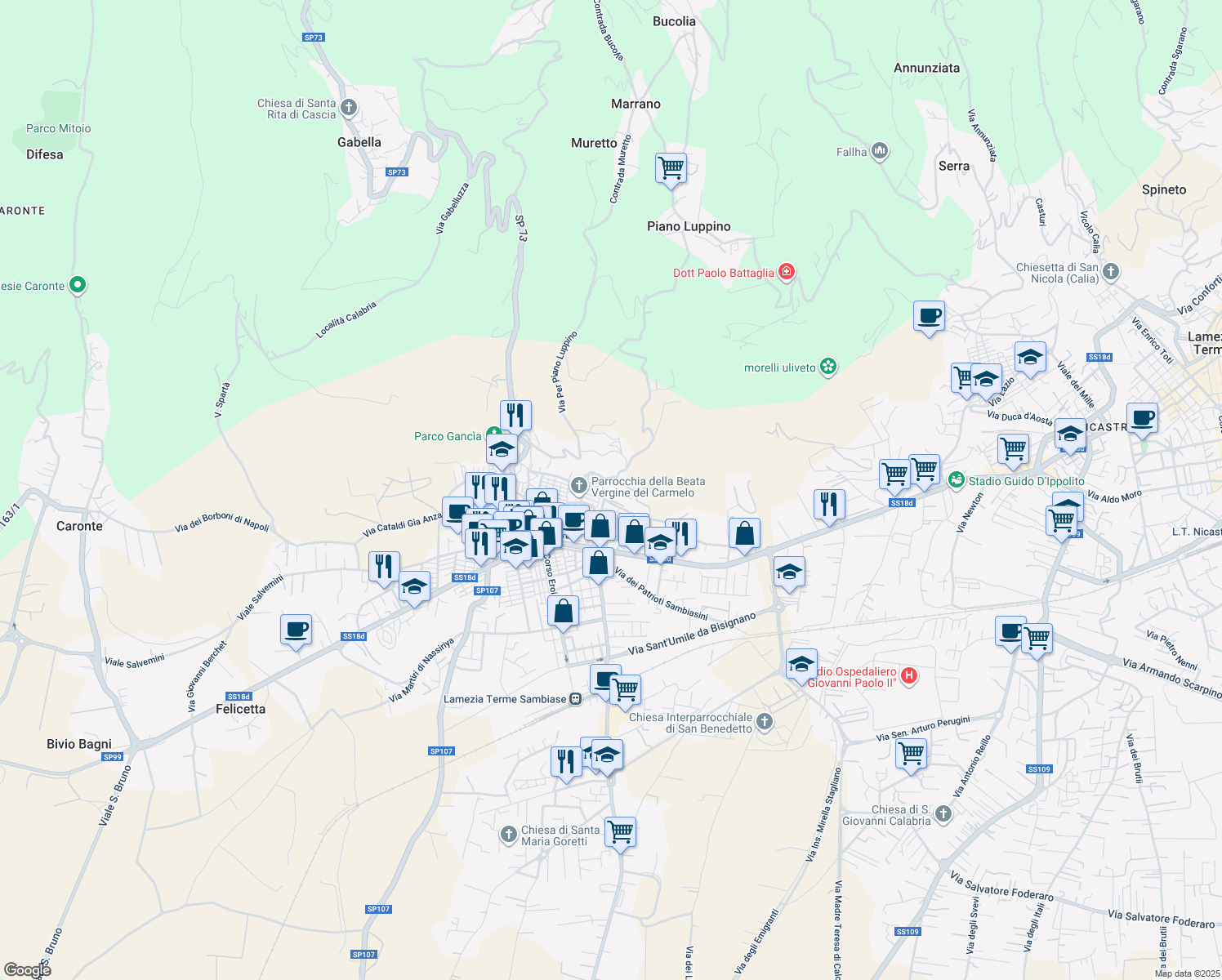 map of restaurants, bars, coffee shops, grocery stores, and more near 73bis Via Generale La Marmora in Lamezia Terme