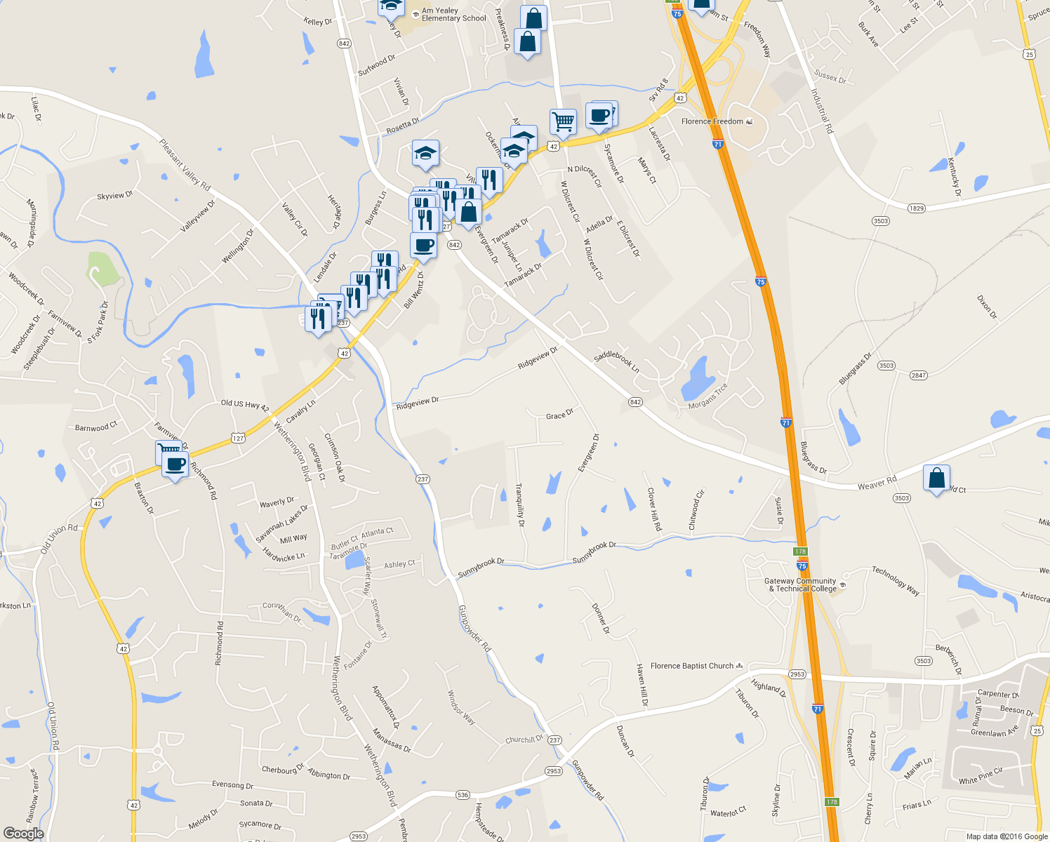 map of restaurants, bars, coffee shops, grocery stores, and more near 799 Grace Drive in Florence