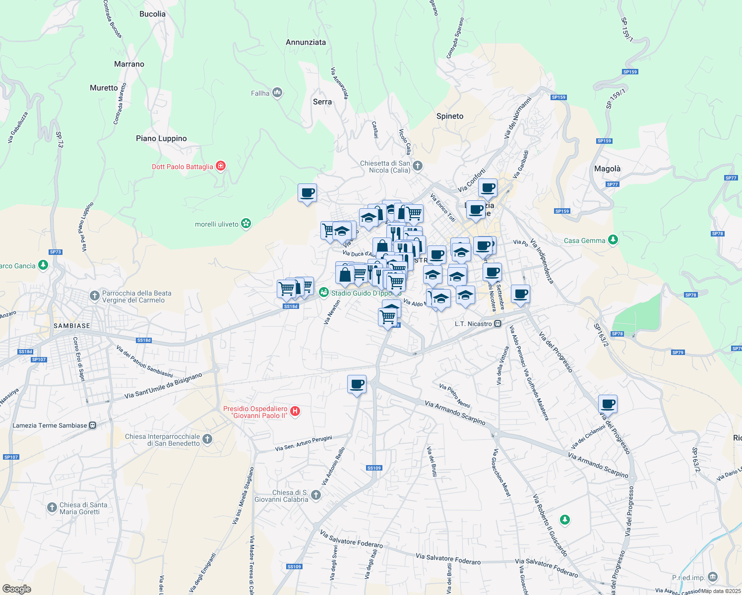 map of restaurants, bars, coffee shops, grocery stores, and more near 110 Traversa II Via Guglielmo Marconi in Lamezia Terme