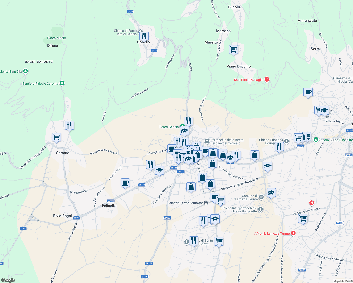 map of restaurants, bars, coffee shops, grocery stores, and more near 11 Corso Vittorio Emanuele in Lamezia Terme