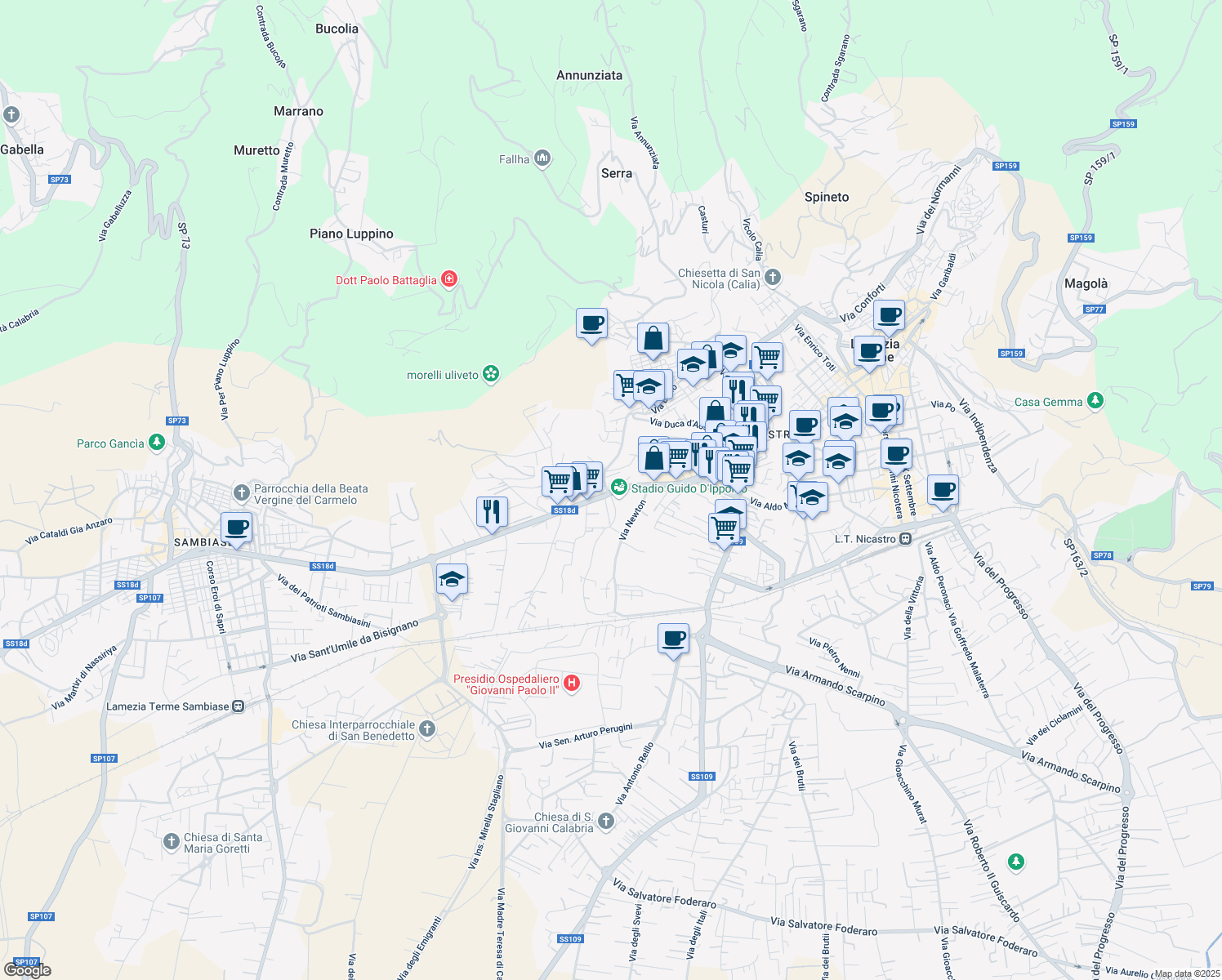 map of restaurants, bars, coffee shops, grocery stores, and more near 22 Via Piro in Lamezia Terme