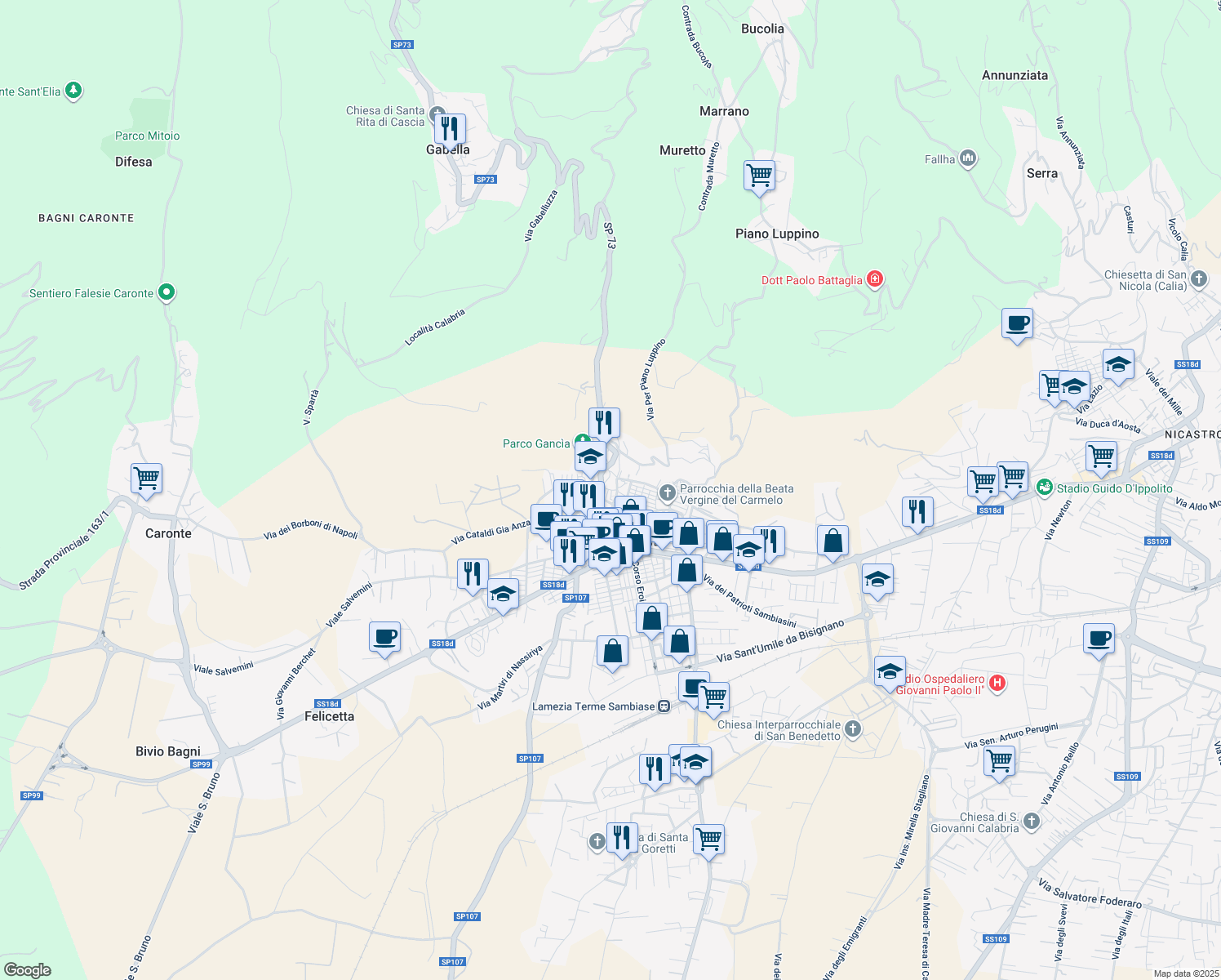 map of restaurants, bars, coffee shops, grocery stores, and more near Via Galliano in Lamezia Terme