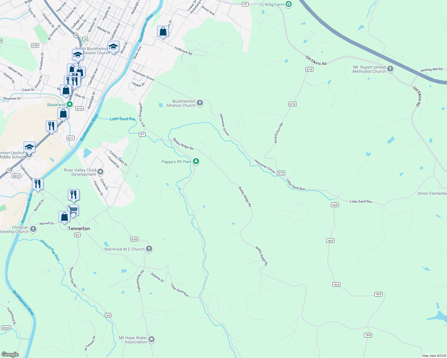 map of restaurants, bars, coffee shops, grocery stores, and more near 2507 Bailey Ridge Road in Buckhannon