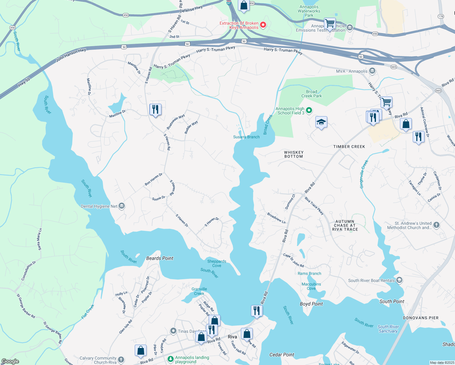 map of restaurants, bars, coffee shops, grocery stores, and more near 2752 Poplar Lane in Annapolis