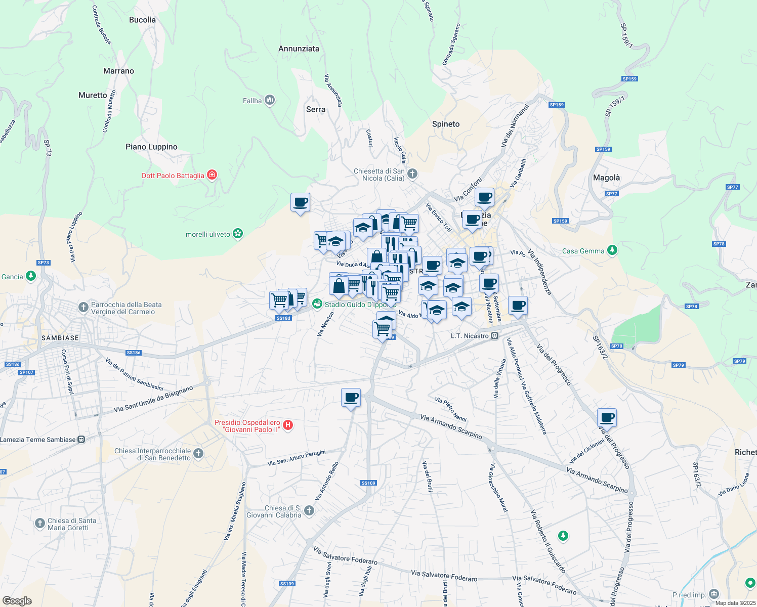map of restaurants, bars, coffee shops, grocery stores, and more near 110 Traversa II Via Guglielmo Marconi in Lamezia Terme