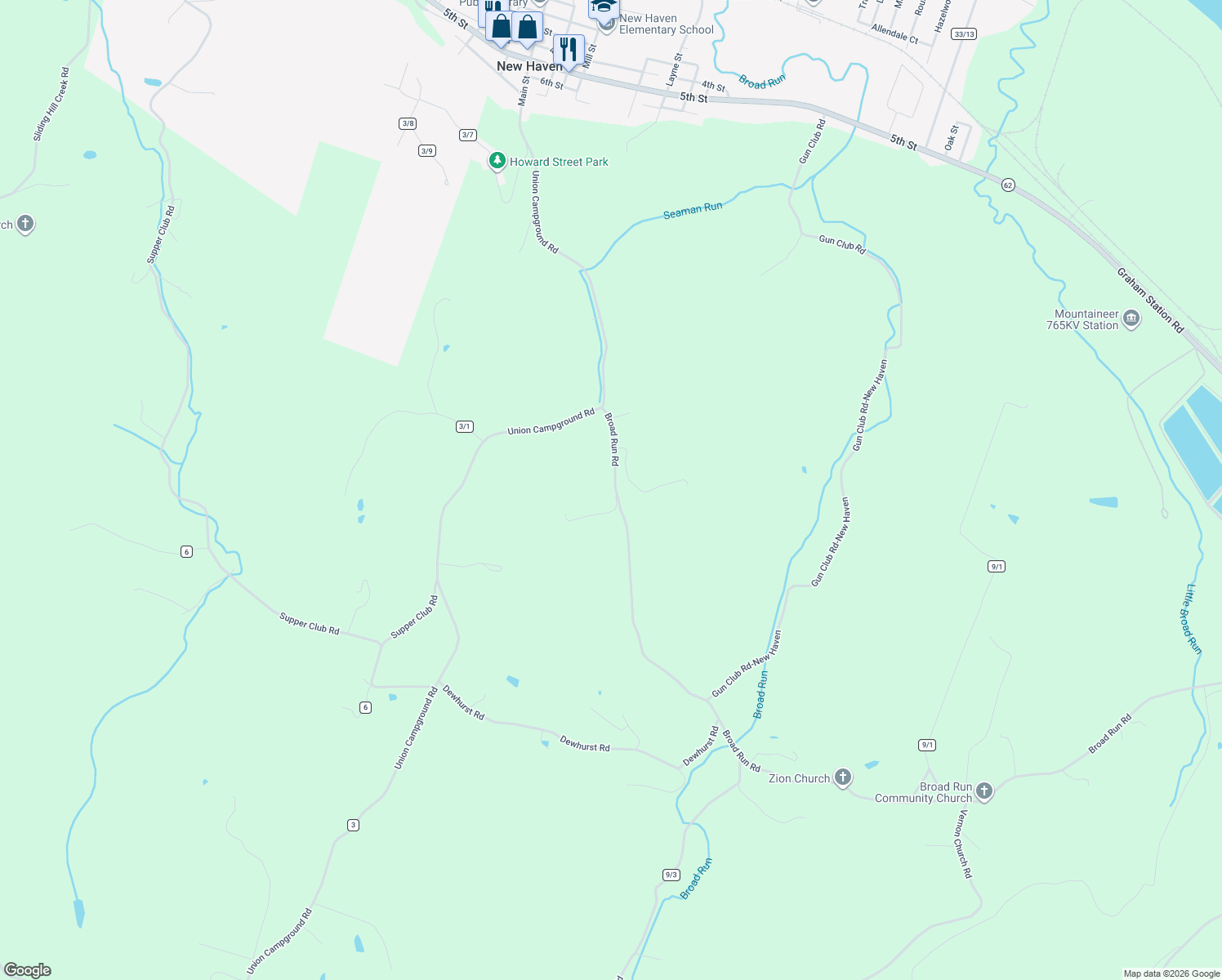 map of restaurants, bars, coffee shops, grocery stores, and more near 5873-6027 Broad Run Road in Letart