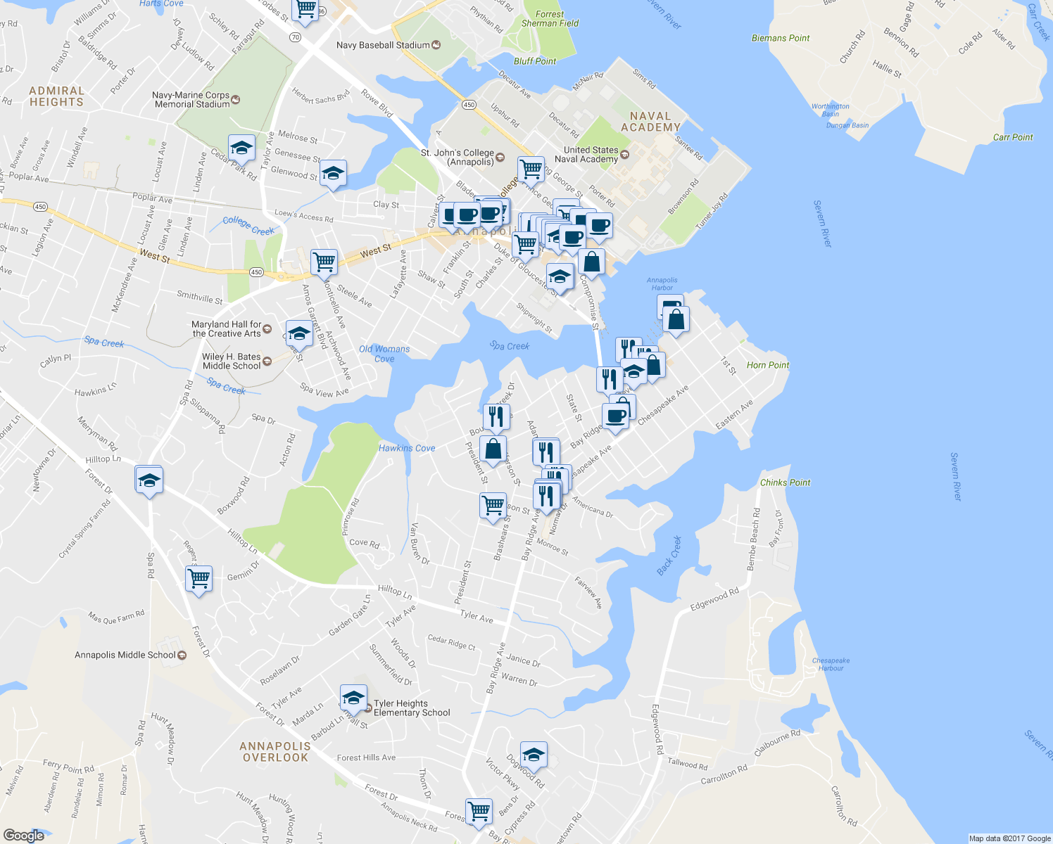 map of restaurants, bars, coffee shops, grocery stores, and more near 310 Adams Street in Annapolis