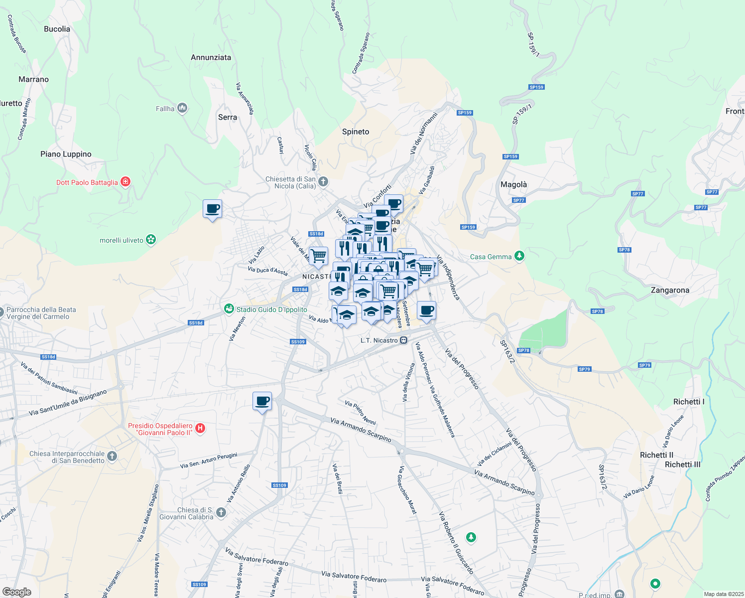 map of restaurants, bars, coffee shops, grocery stores, and more near 21 Via Leonardo Da Vinci in Lamezia Terme