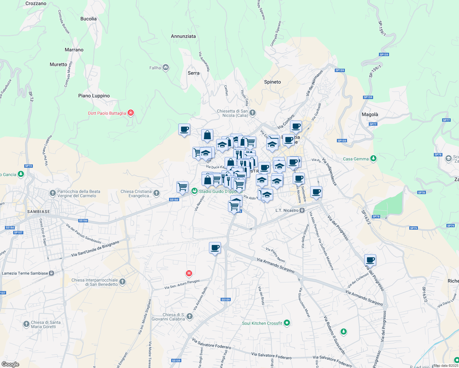 map of restaurants, bars, coffee shops, grocery stores, and more near 109 Via Guglielmo Marconi in Lamezia Terme