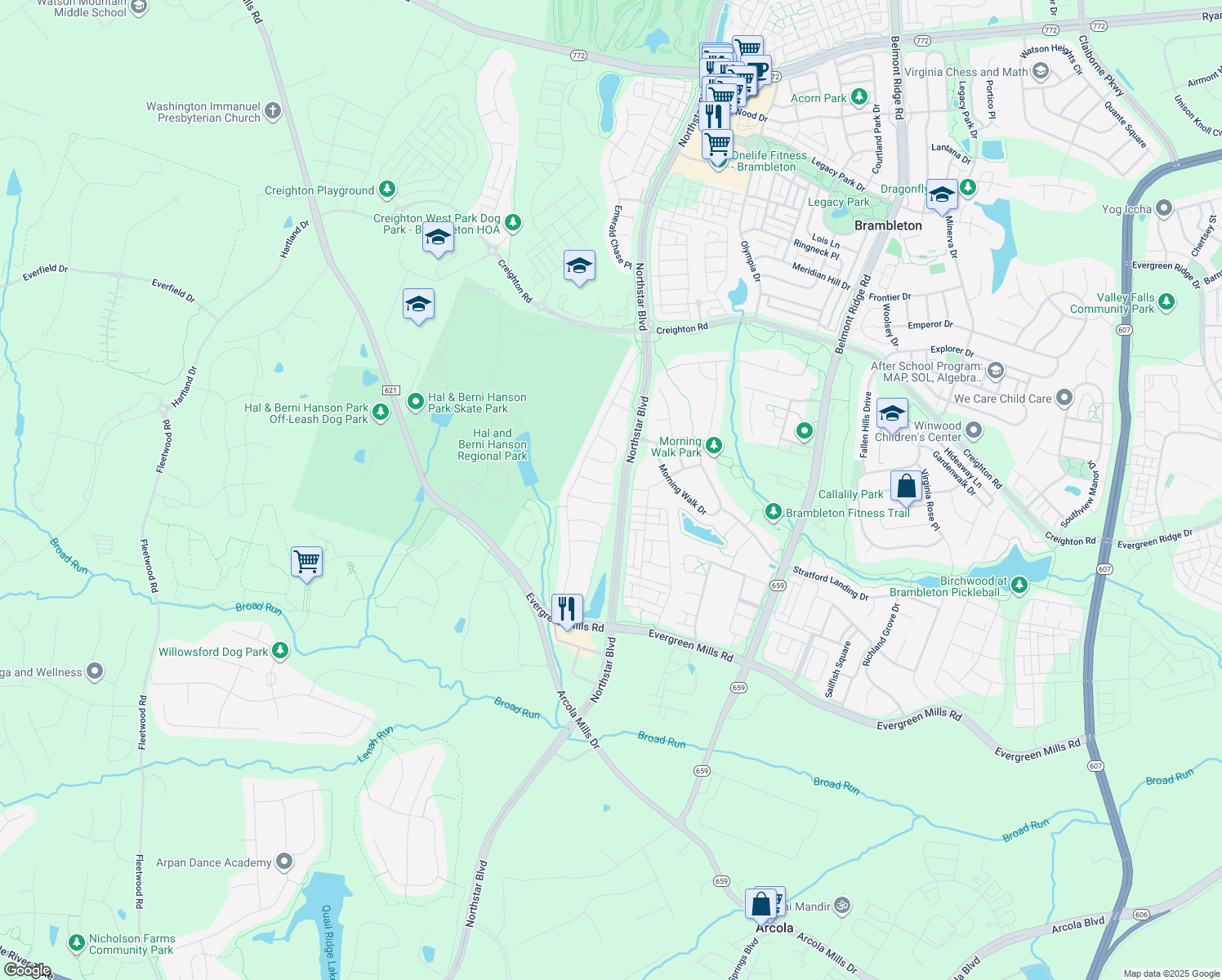 map of restaurants, bars, coffee shops, grocery stores, and more near 42205 Dove Wing Court in Ashburn