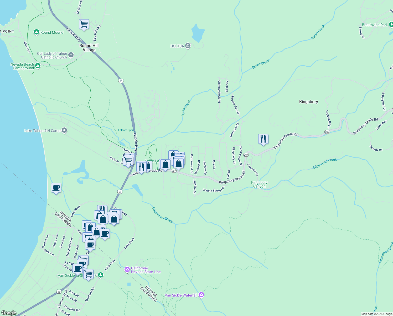 map of restaurants, bars, coffee shops, grocery stores, and more near 176 Meadow Ln in Stateline