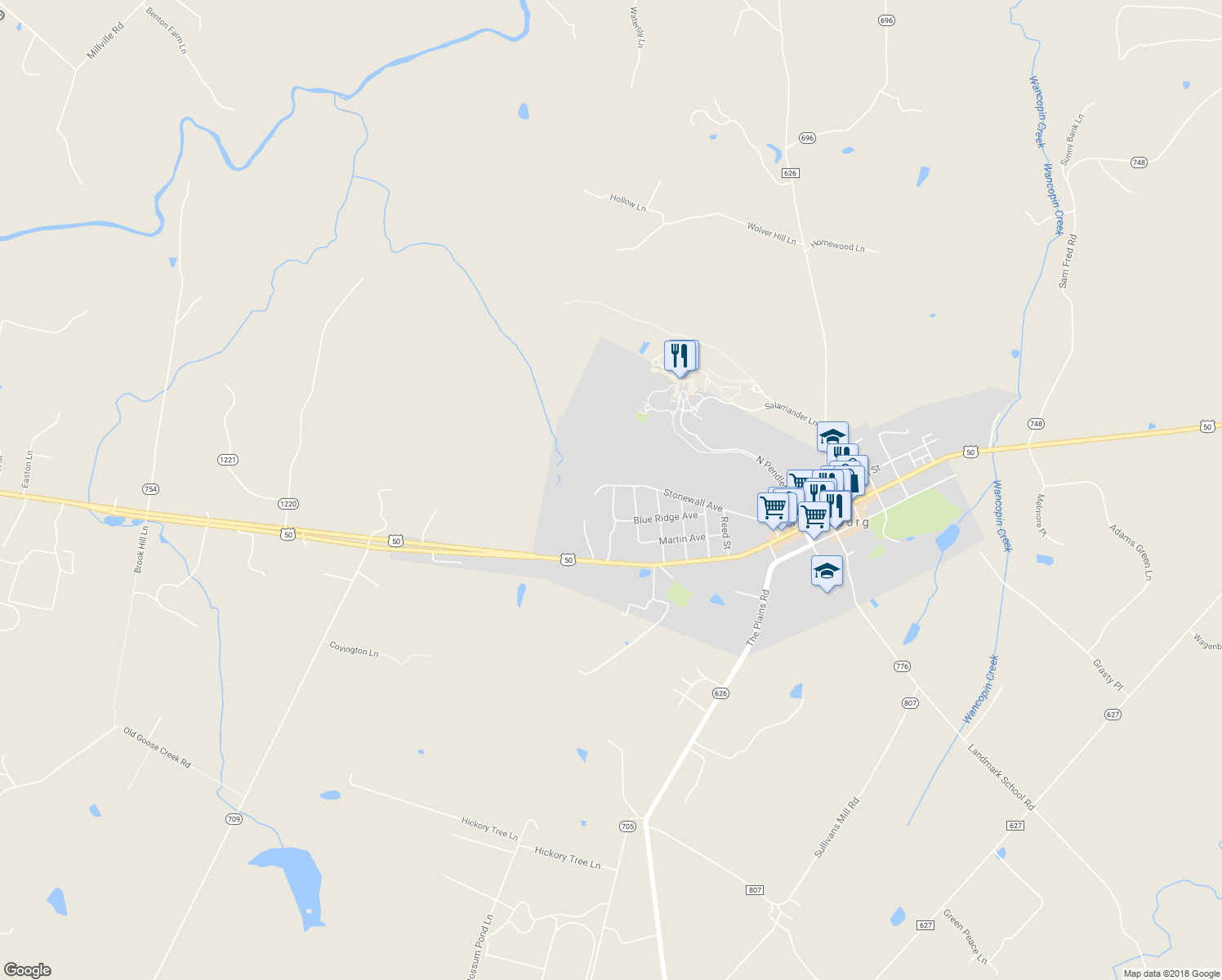 map of restaurants, bars, coffee shops, grocery stores, and more near 5 Stonewall Court in Middleburg