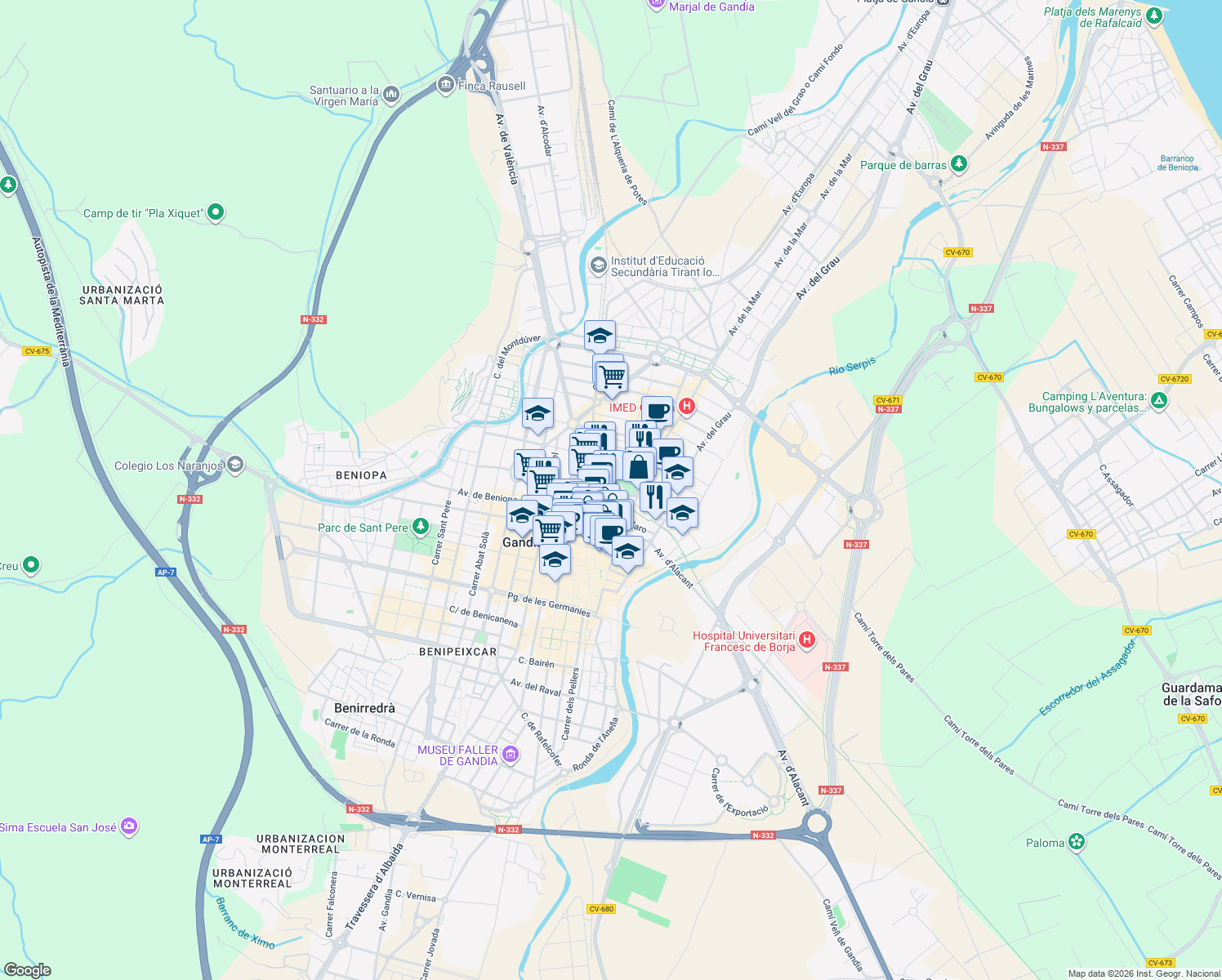 map of restaurants, bars, coffee shops, grocery stores, and more near 5 Plaça Parc de l'Estació in Gandia