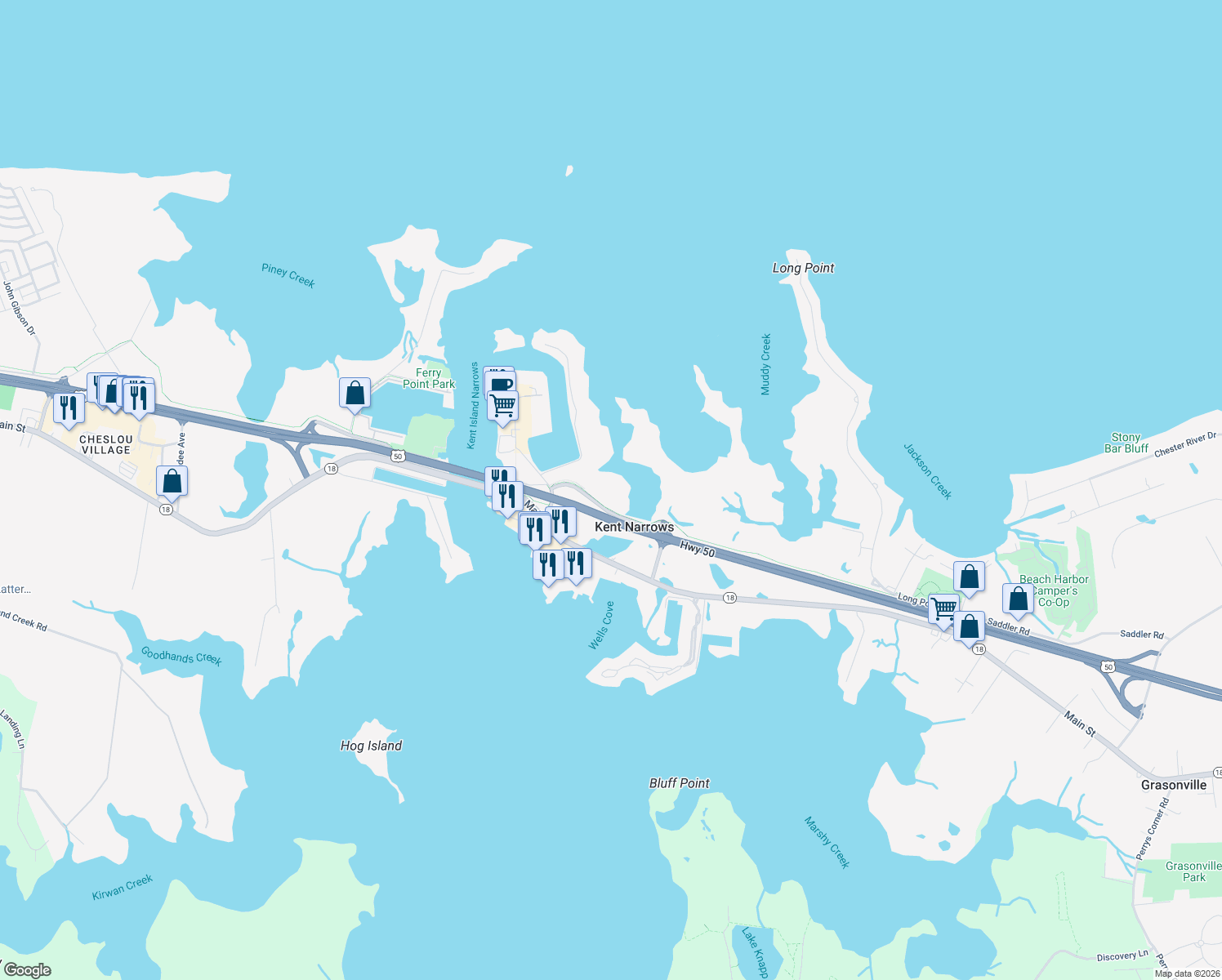 map of restaurants, bars, coffee shops, grocery stores, and more near 1020 Kent Narrows Road in Grasonville