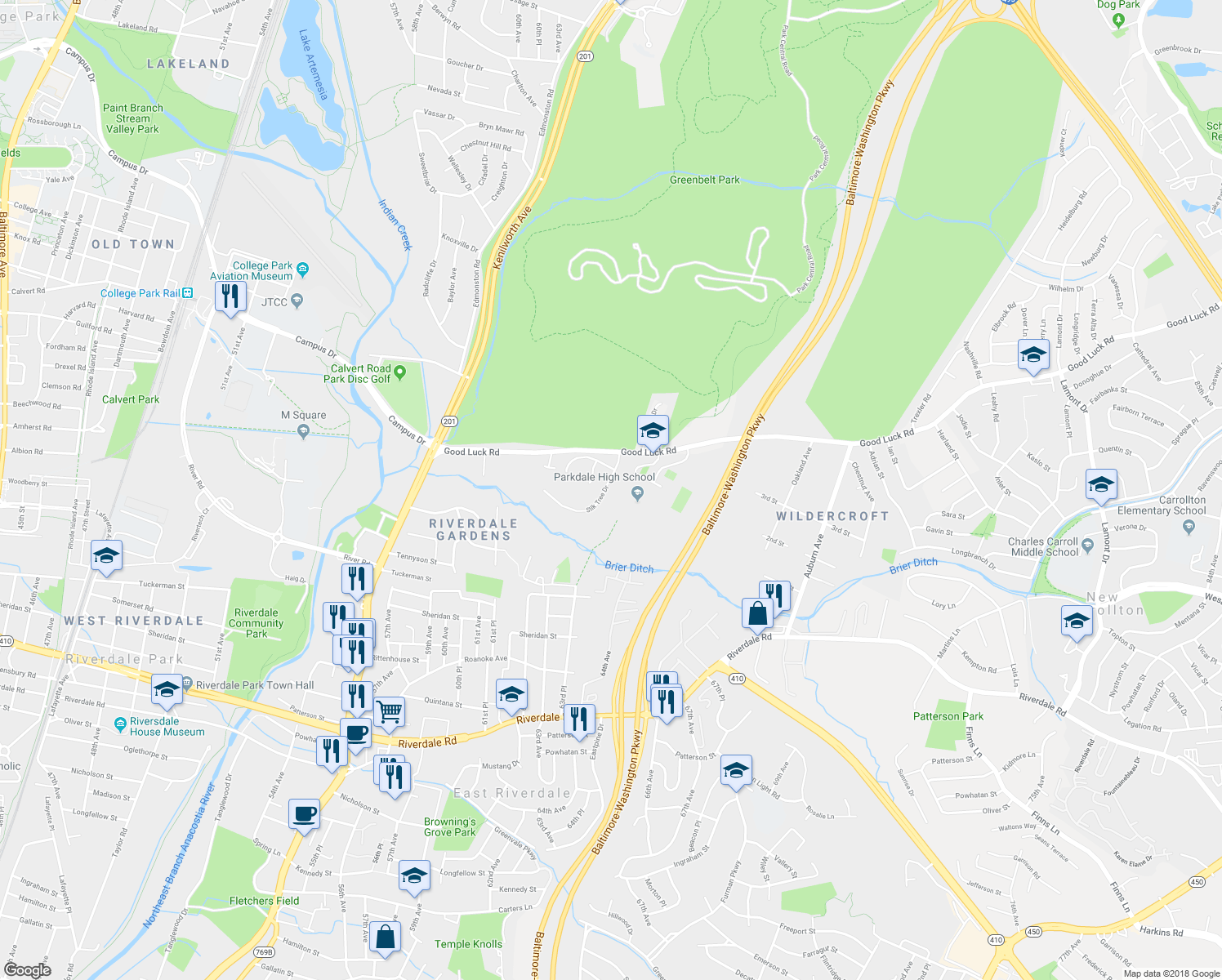 map of restaurants, bars, coffee shops, grocery stores, and more near 5719 Silk Tree Drive in Riverdale Park