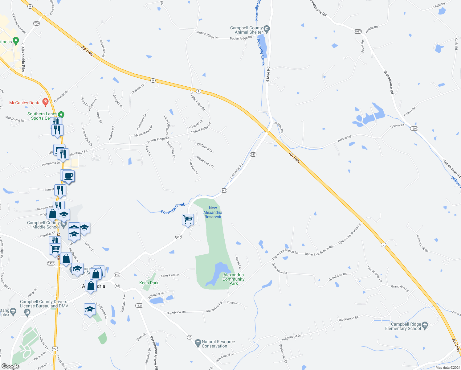 map of restaurants, bars, coffee shops, grocery stores, and more near 4 Mile Road in Alexandria