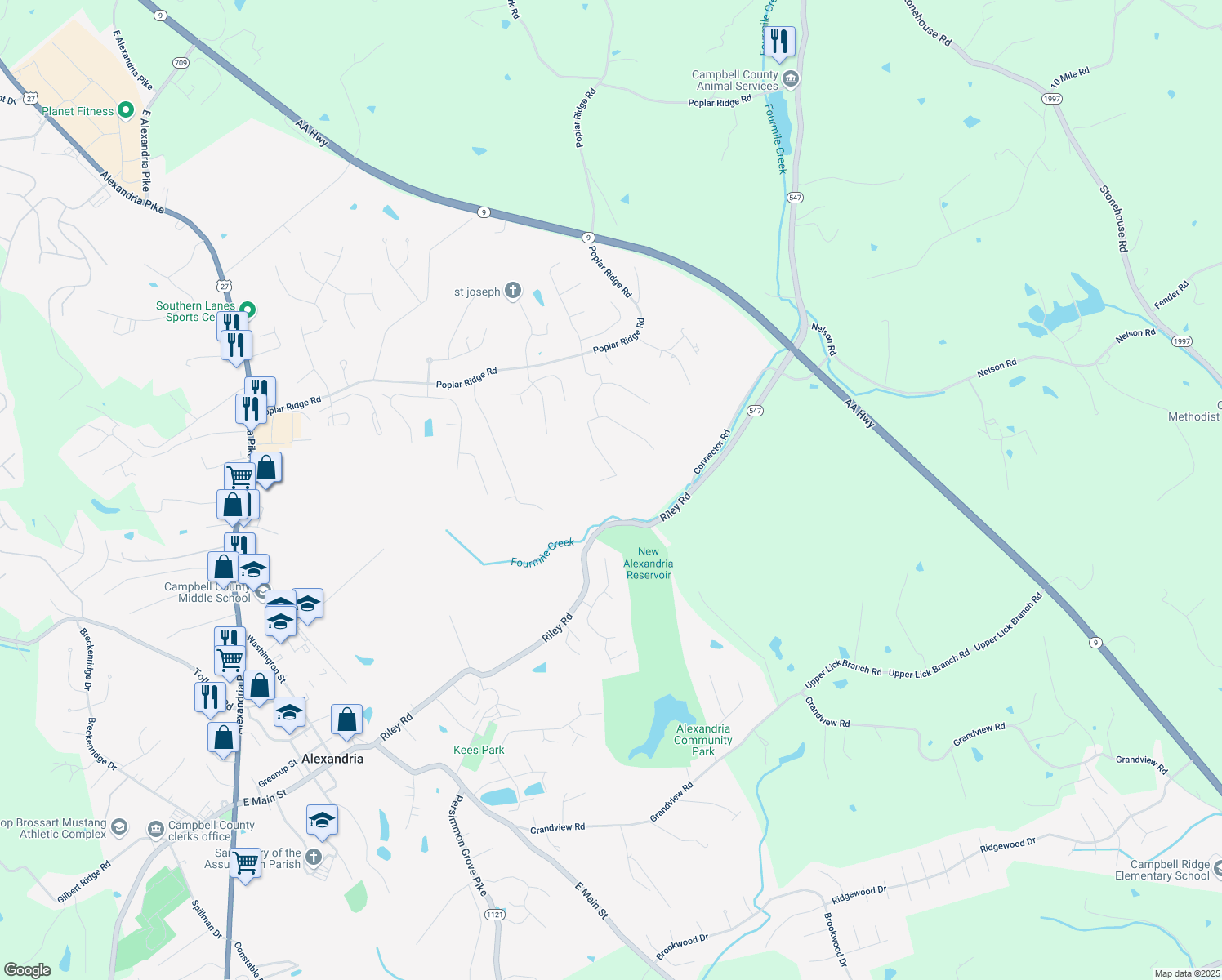 map of restaurants, bars, coffee shops, grocery stores, and more near 3762 Parkview Drive in Alexandria