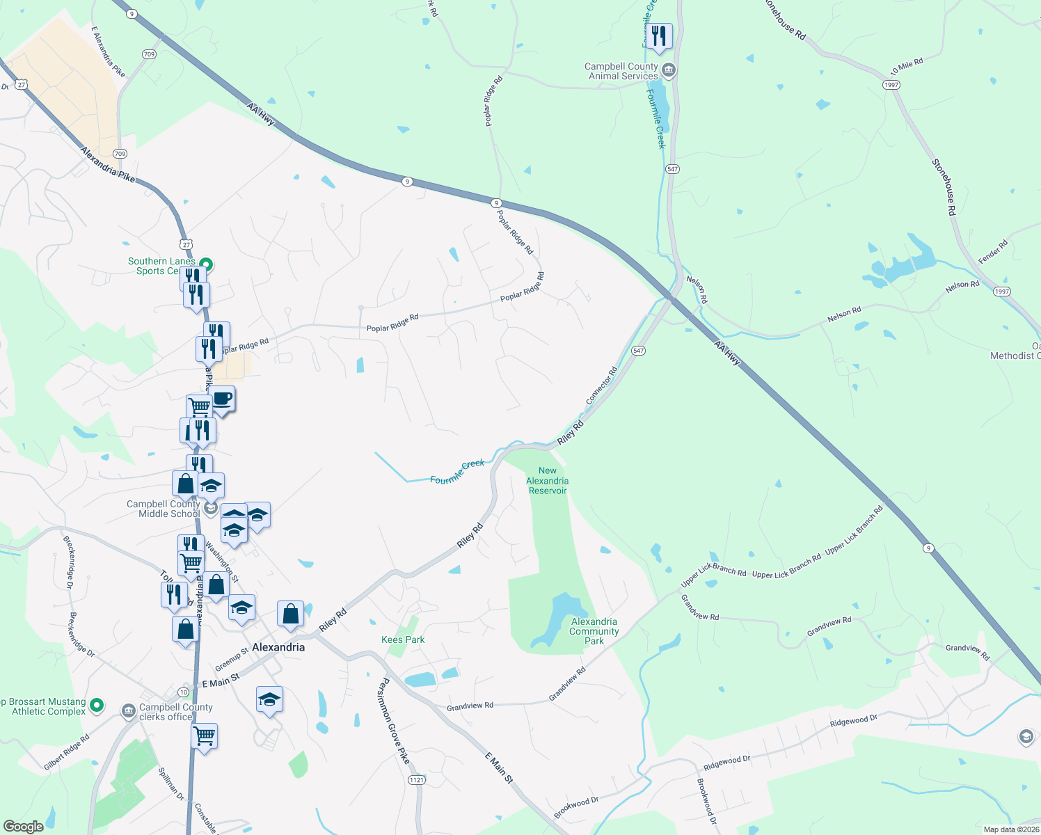 map of restaurants, bars, coffee shops, grocery stores, and more near 3762 Parkview Drive in Alexandria