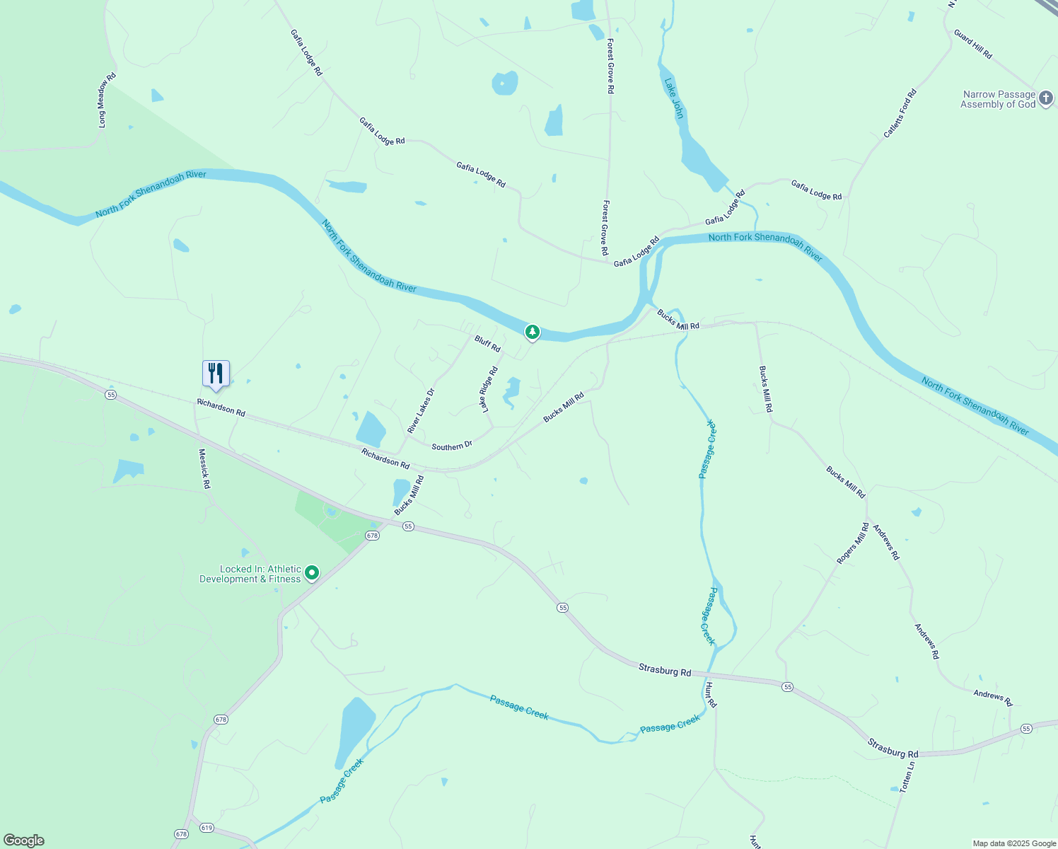 map of restaurants, bars, coffee shops, grocery stores, and more near 599 Bucks Mill Road in Strasburg