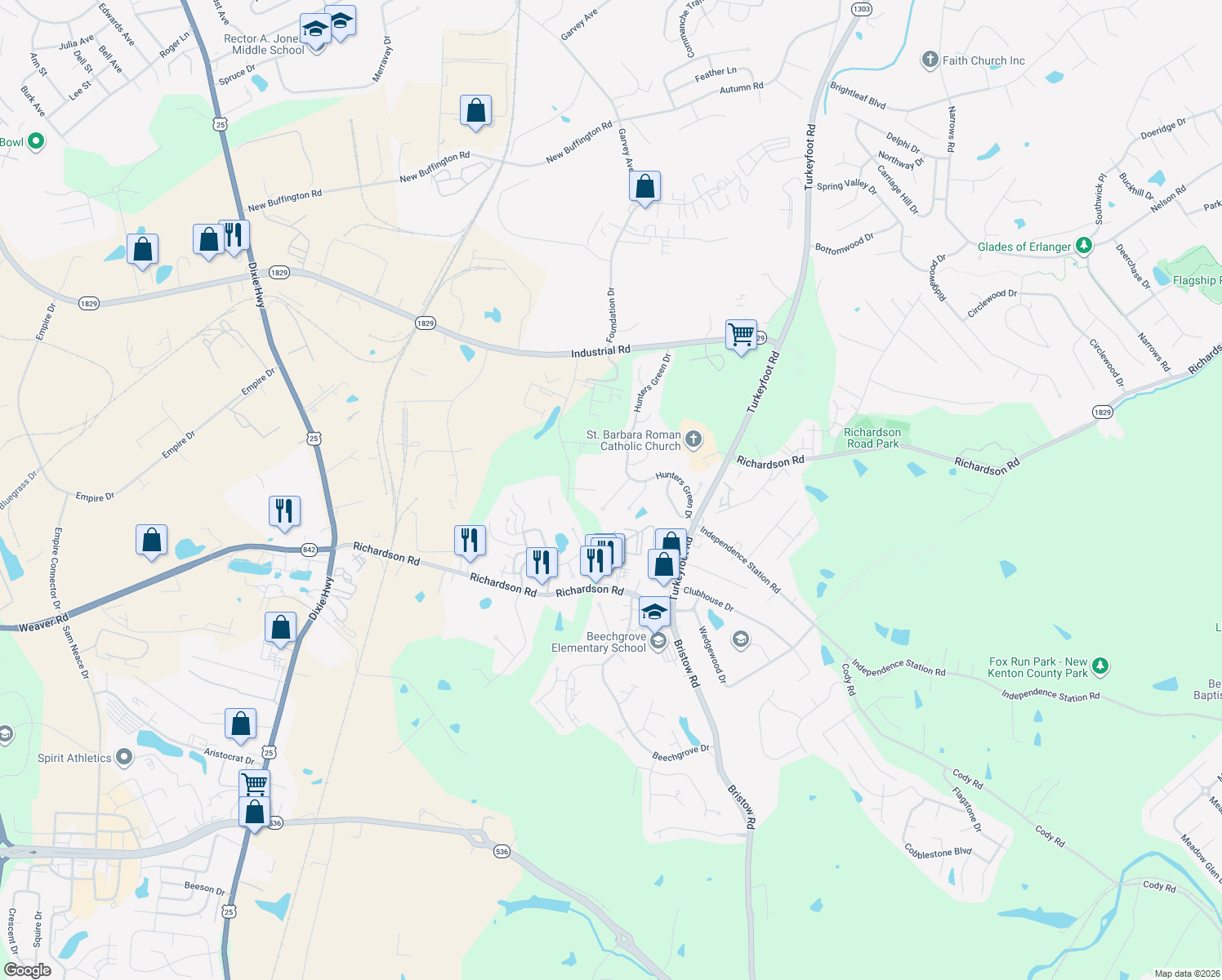 map of restaurants, bars, coffee shops, grocery stores, and more near 3910 Trappers Court in Florence