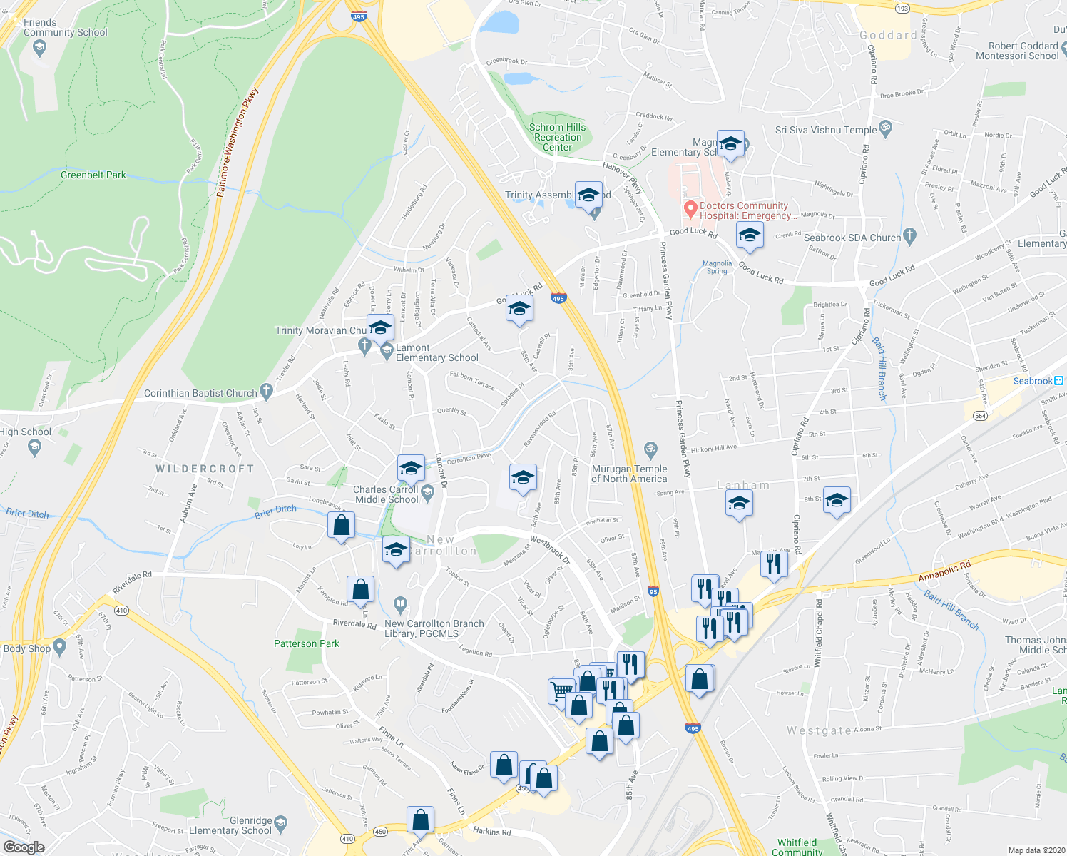 map of restaurants, bars, coffee shops, grocery stores, and more near 8416 Ravenswood Road in New Carrollton
