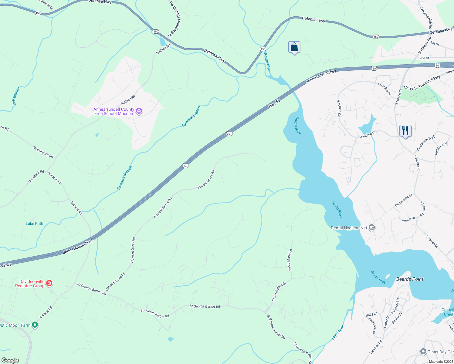 map of restaurants, bars, coffee shops, grocery stores, and more near 907 River Knoll Court in Davidsonville